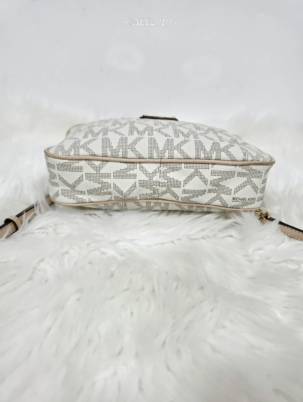 Michael Kors Beige Cream MK Monogram Crossbody Bag Gold Chain Purse